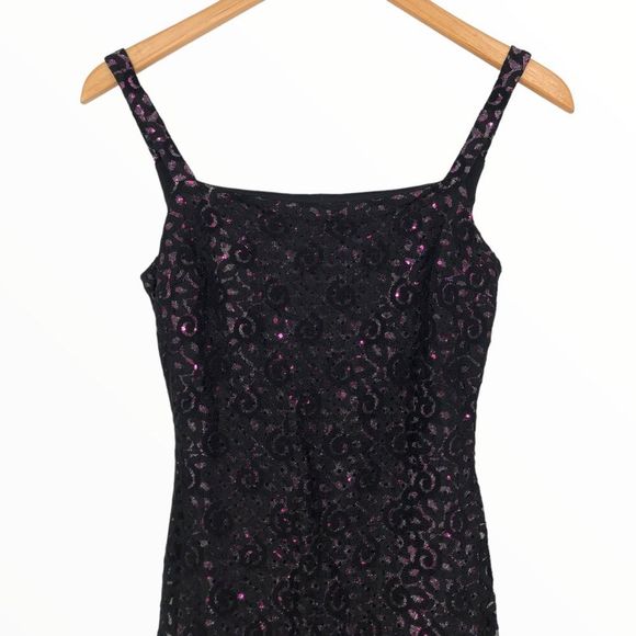 90’s Jessica McClintock Gunne Sax Black Lace Metallic Pink Dot Square Neck Dress - Picture 2 of 13